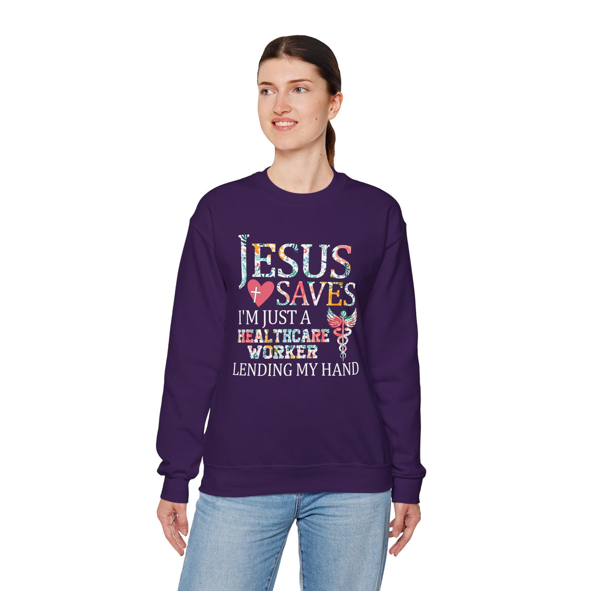 Jesus Saves - Healthcare Worker Lending My Hand – Gildan Heavy Blend | Trendy Women’s Soft Sweatshirt. Direct to Garment. Printed & Shipped in the USA. Unisex Sizes.