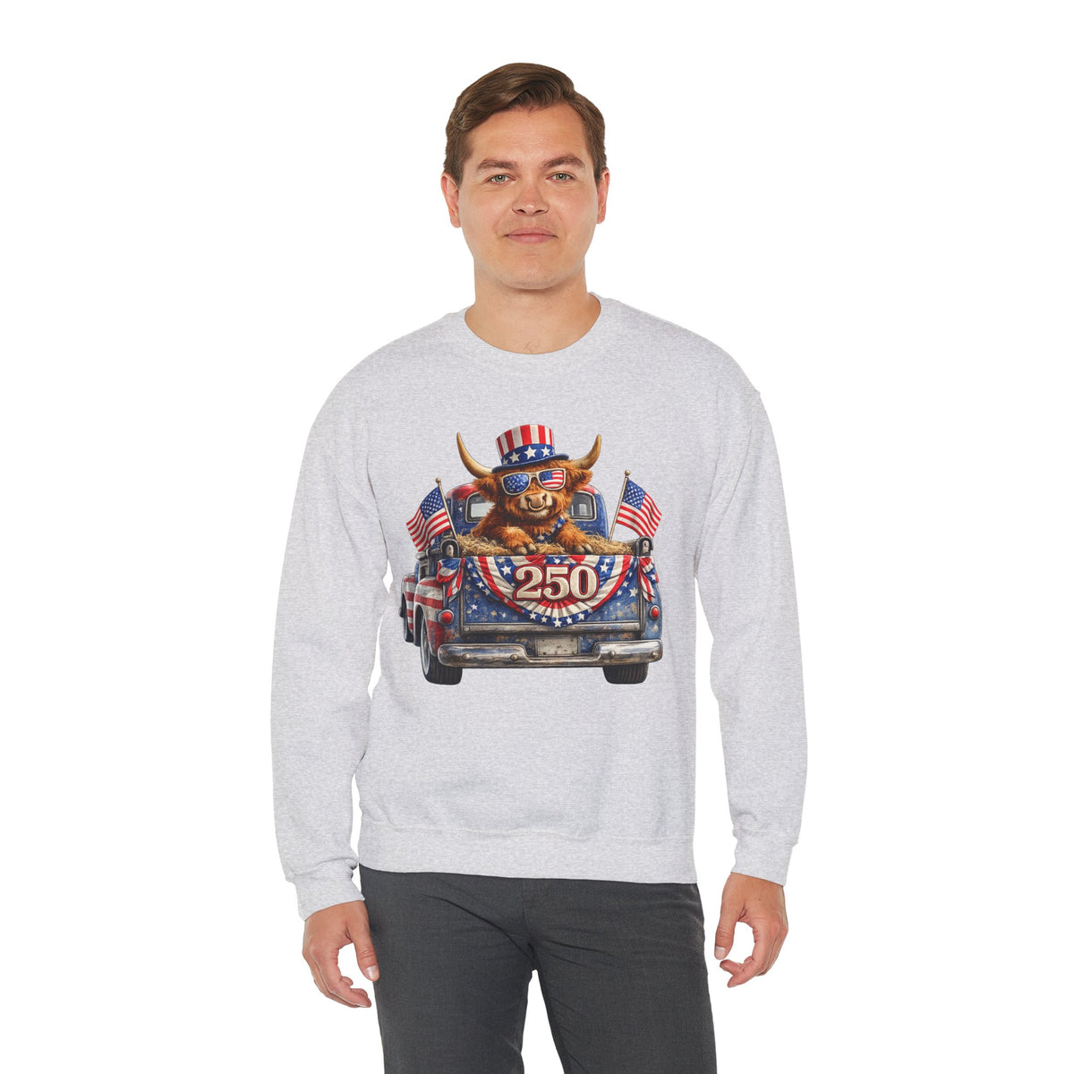 Patriotic Highland, America's 250th Birthday – Gildan Heavy Blend | Trendy Women’s and Men's Soft Sweatshirt. Direct to Garment. Printed & Shipped in the USA. Unisex Sizes.