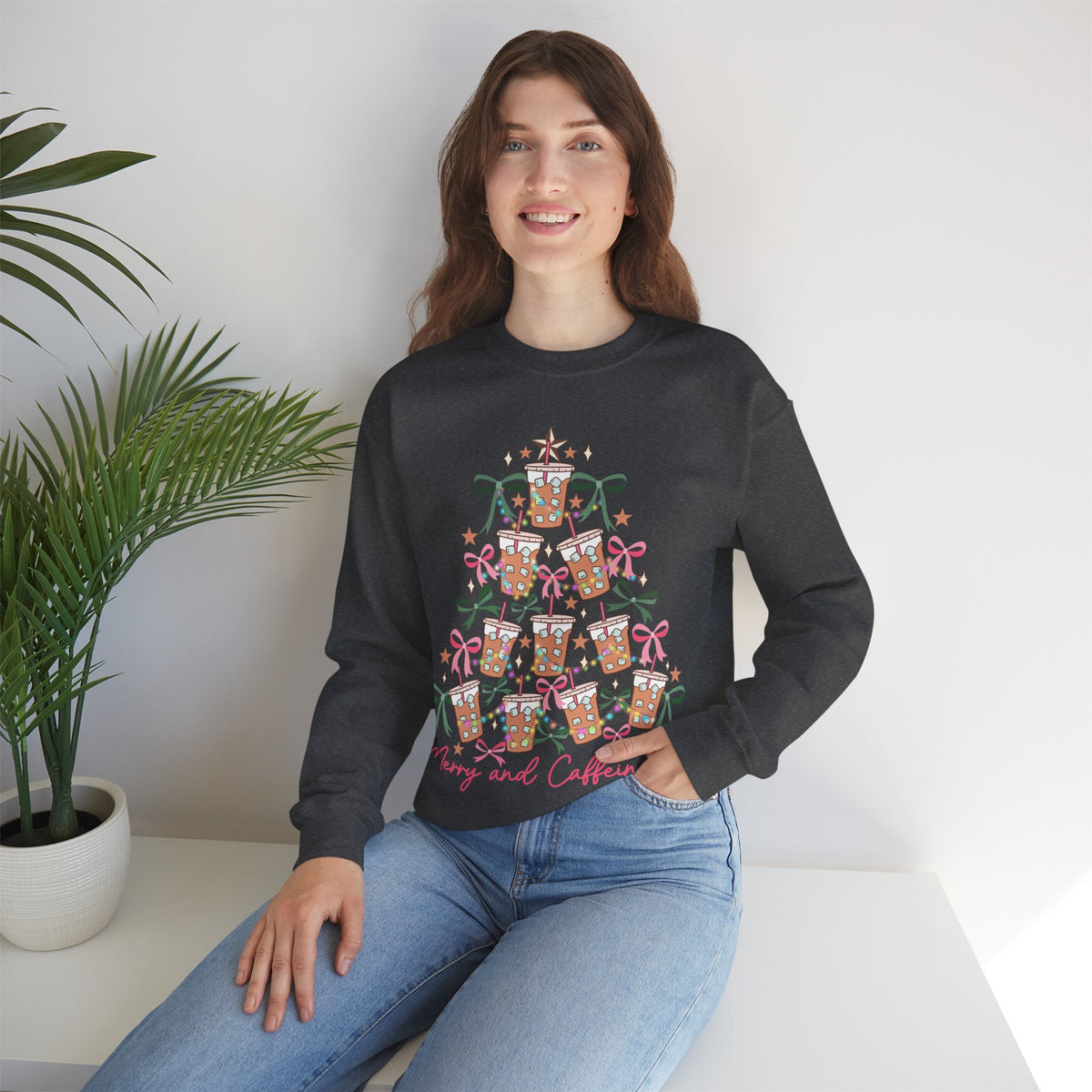 Merry and Caffeinated Iced Coffee Christmas Tree – Gildan Heavy Blend | Trendy Women’s Soft Sweatshirt. Direct to Garment. Printed & Shipped in the USA. Unisex Sizes.
