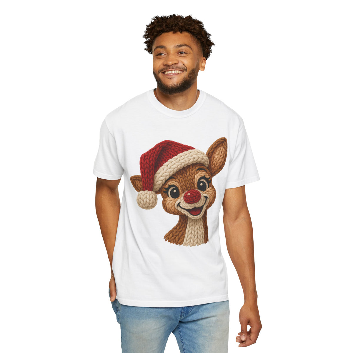 Cute Rudolph Faux Knit Look Reindeer w/Santa Hat - Comfort Colors | Trendy Women's T-Shirt. Direct to Garment. Printed & Shipped in the USA. Unisex Sizes.