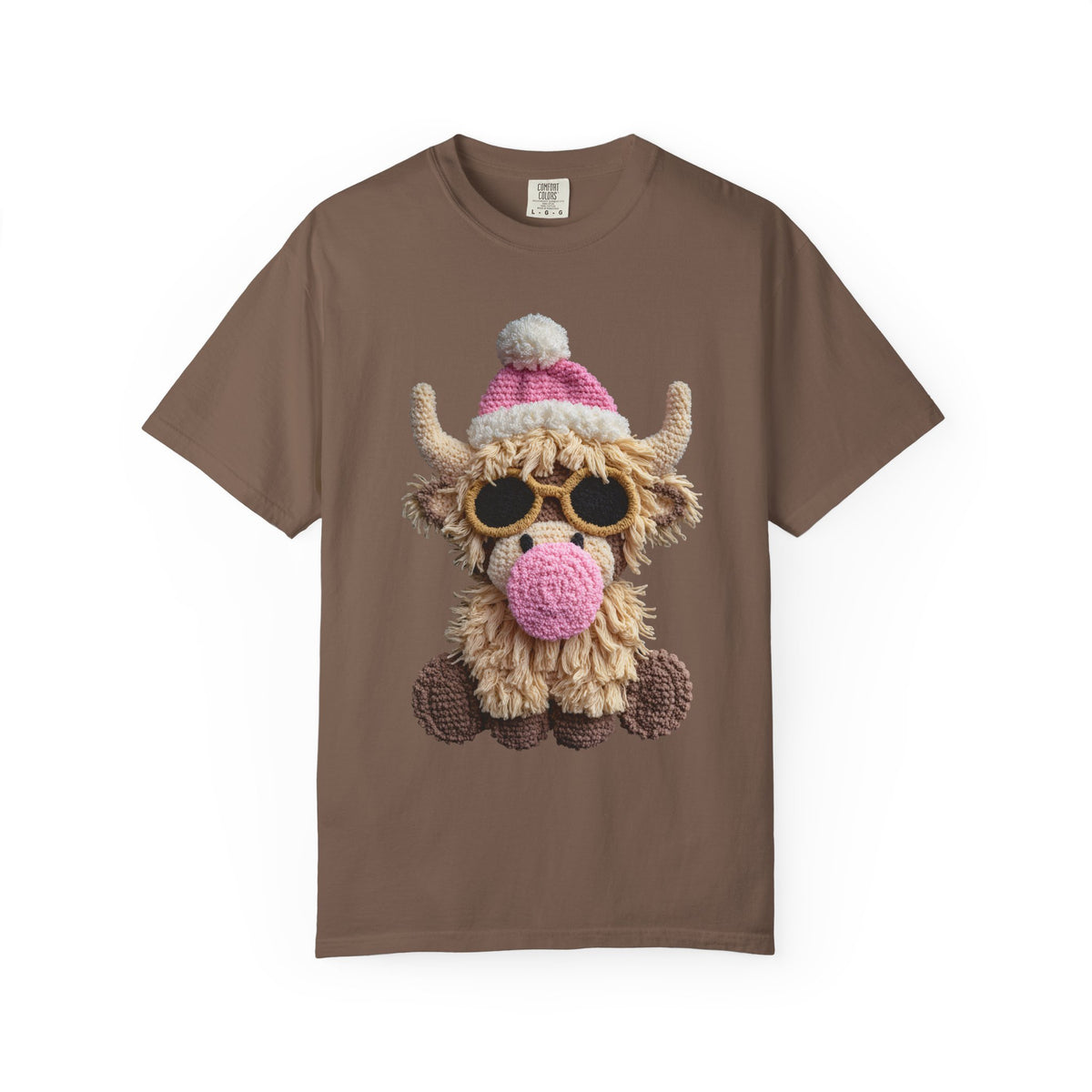 Faux Crochet Highland Cow Bubblegum - Comfort Colors | Trendy Women's T-Shirt. Direct to Garment. Printed & Shipped in the USA. Unisex Sizes.