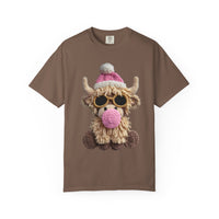 Faux Crochet Highland Cow Bubblegum - Comfort Colors | Trendy Women's T-Shirt. Direct to Garment. Printed & Shipped in the USA. Unisex Sizes.