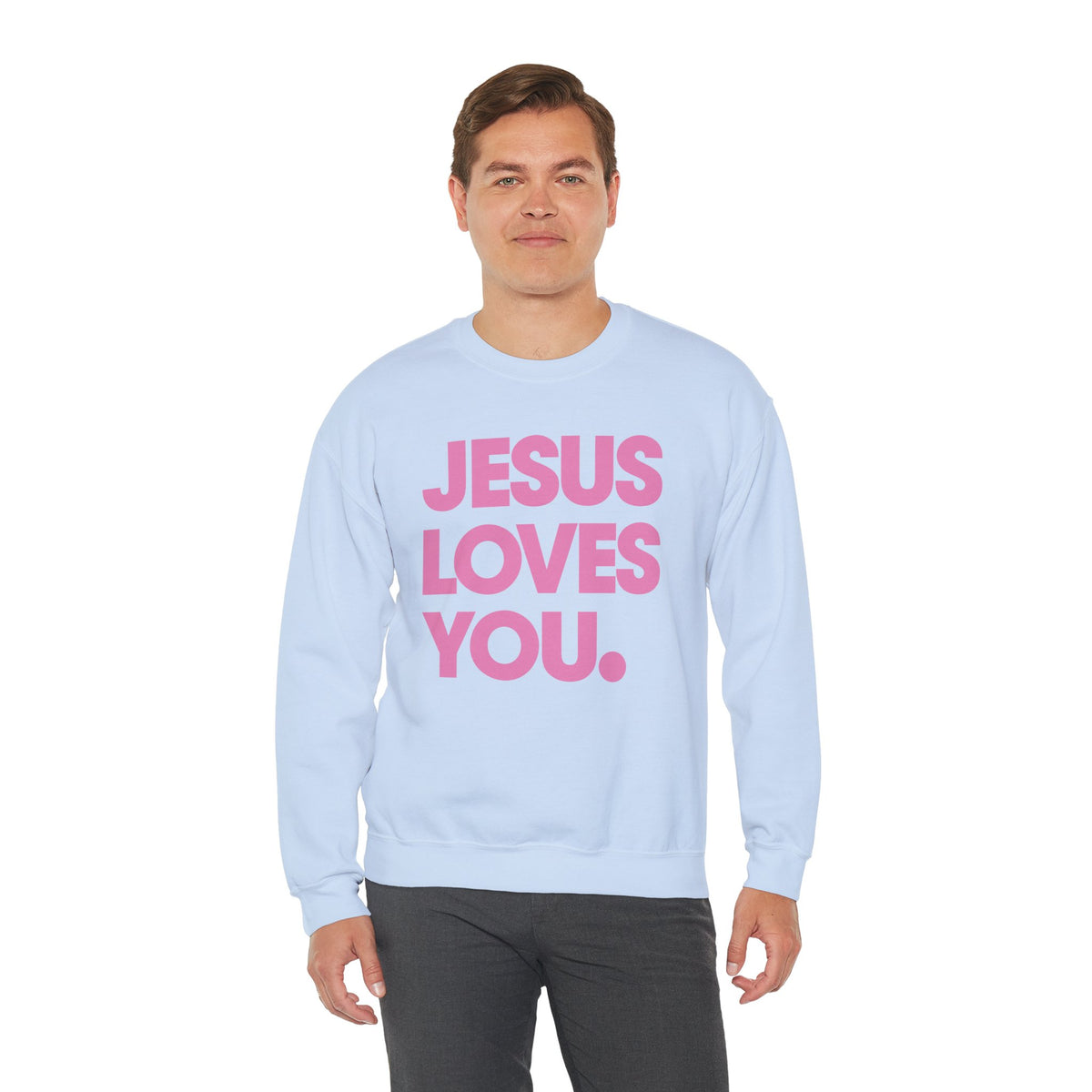Jesus Loves You – Gildan Heavy Blend | Trendy Women’s and Men's Soft Sweatshirt. Direct to Garment. Printed & Shipped in the USA. Unisex Sizes.