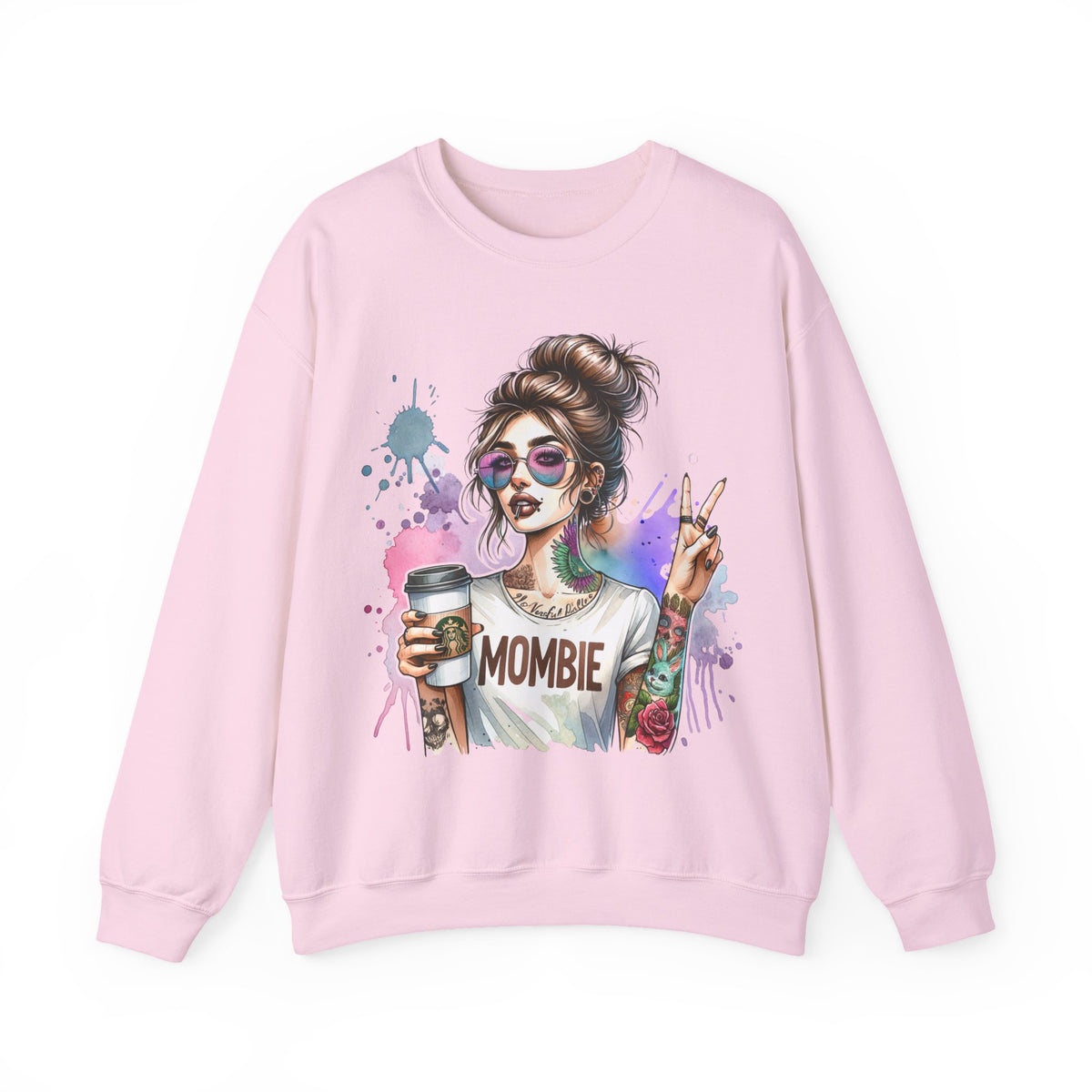 Cool Mombie with Coffee Peace Tattoo - Tired Mom – Gildan Heavy Blend | Trendy Women’s Soft Sweatshirt. Direct to Garment. Printed & Shipped in the USA. Unisex Sizes.