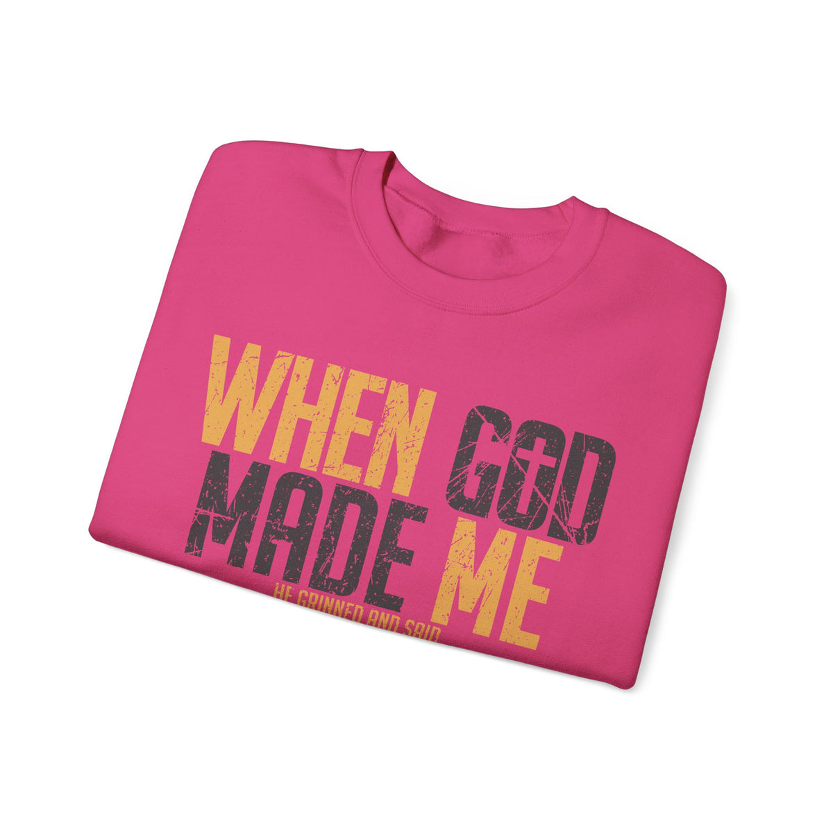 When God Made Me "This'll Be Fun" Christian Faith Distressed – Gildan Heavy Blend | Trendy Women’s and Men's Soft Sweatshirt. Direct to Garment. Printed & Shipped in the USA. Unisex Sizes.