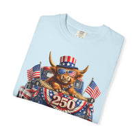 Patriotic Highland, America's 250th Birthday - Comfort Colors | Trendy Women's and Men's T-Shirt. Direct to Garment. Printed & Shipped in the USA. Unisex Sizes.