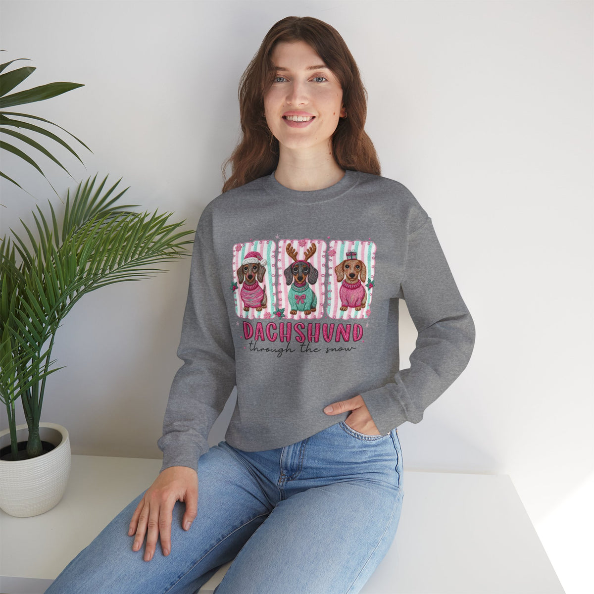 Dachshund Through the Snow – Gildan Heavy Blend | Trendy Women’s Soft Sweatshirt. Direct to Garment. Printed & Shipped in the USA. Unisex Sizes.