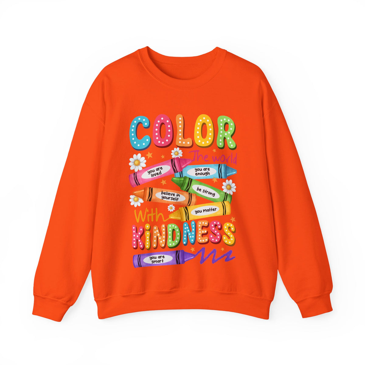 Color the World With Kindness Crayons, Great Teacher Gift – Gildan Heavy Blend | Trendy Women’s and Men's Soft Sweatshirt. Direct to Garment. Printed & Shipped in the USA. Unisex Sizes.