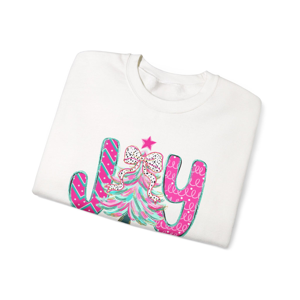 Joy to the World w/Christmas Tree Pink and Teal – Gildan Heavy Blend | Trendy Women’s Soft Sweatshirt. Direct to Garment. Printed & Shipped in the USA. Unisex Sizes.