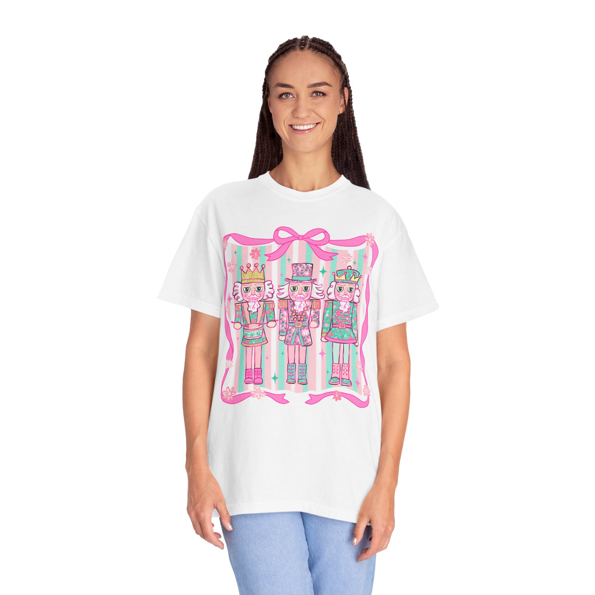 Coquette Pastel Christmas Nutcracker Trio Pink and Green - Comfort Colors | Trendy Women's T-Shirt. Direct to Garment. Printed & Shipped in the USA. Unisex Sizes.