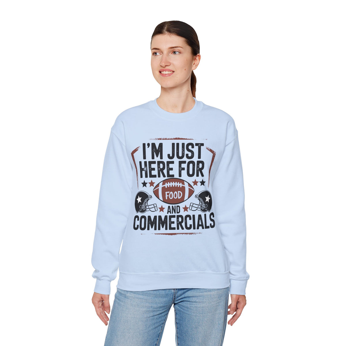 I'm Just Here for Food and Commercials – Gildan Heavy Blend | Trendy Women’s and Men's Soft Sweatshirt. Direct to Garment. Printed & Shipped in the USA. Unisex Sizes.