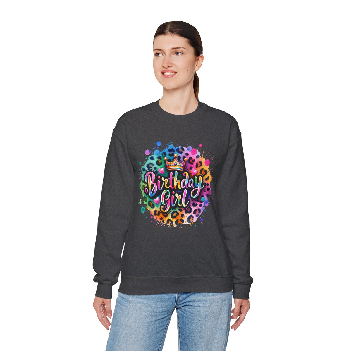 Birthday Girl, Neon Leopard – Gildan Heavy Blend | Trendy Women’s Soft Sweatshirt. Direct to Garment. Printed & Shipped in the USA. Unisex Sizes.