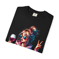 Dramatic Girl With Wine Messy Bun Peace Sign  - Comfort Colors | Trendy Women's T-Shirt. Direct to Garment. Printed & Shipped in the USA. Unisex Sizes.