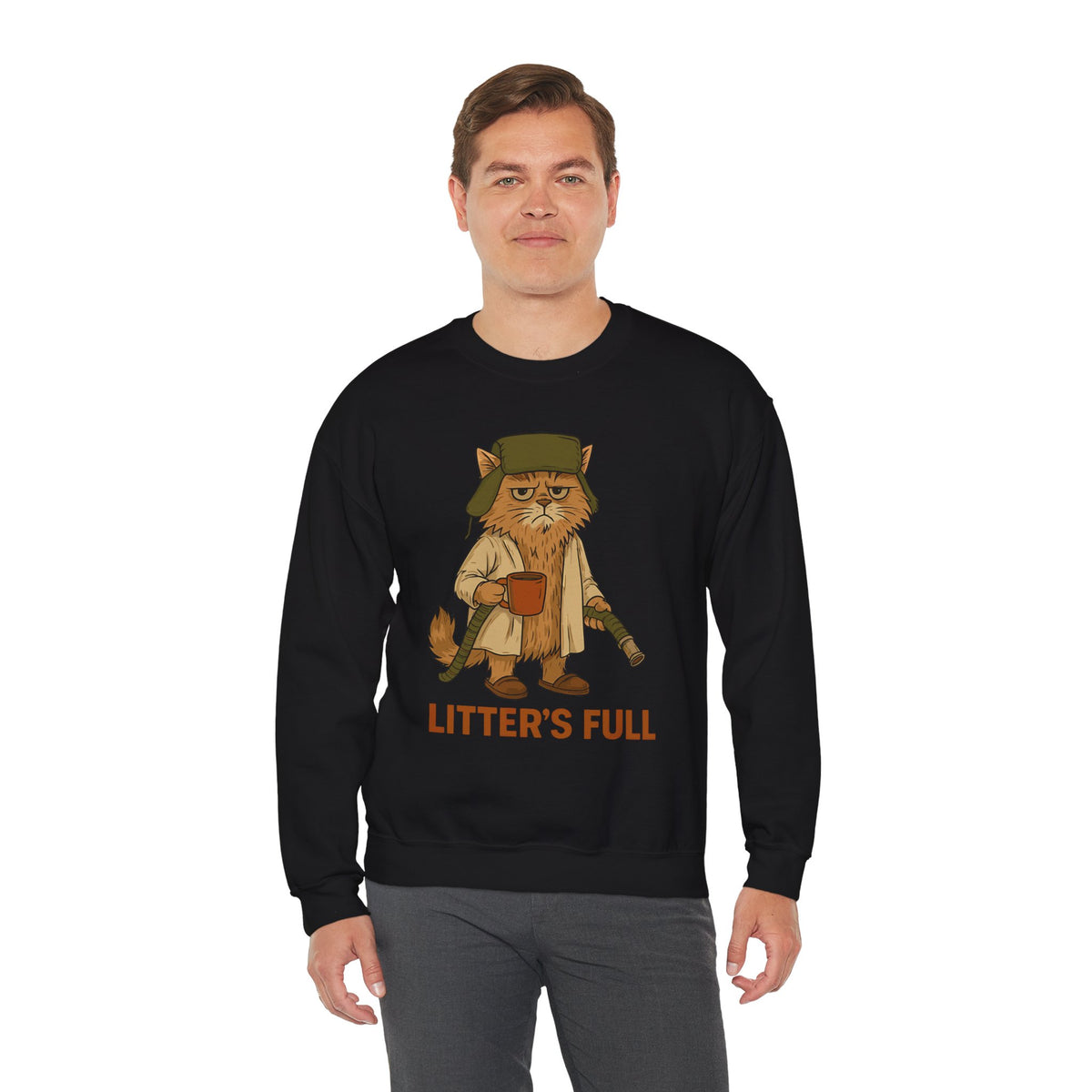 Litter's Full, Funny Cat – Gildan Heavy Blend | Trendy Men's and Women’s Soft Sweatshirt. Direct to Garment. Printed & Shipped in the USA. Unisex Sizes.