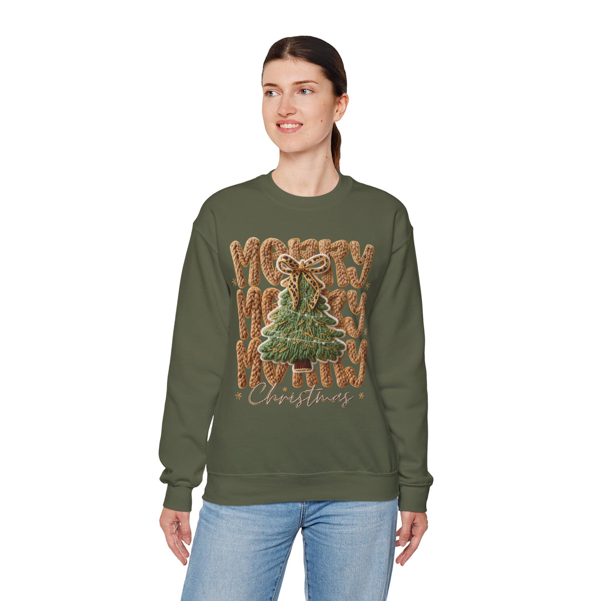 Merry Merry Merry Christmas, Faux Latch Hook Yarn – Gildan Heavy Blend | Trendy Women’s Soft Sweatshirt. Direct to Garment. Printed & Shipped in the USA. Unisex Sizes.
