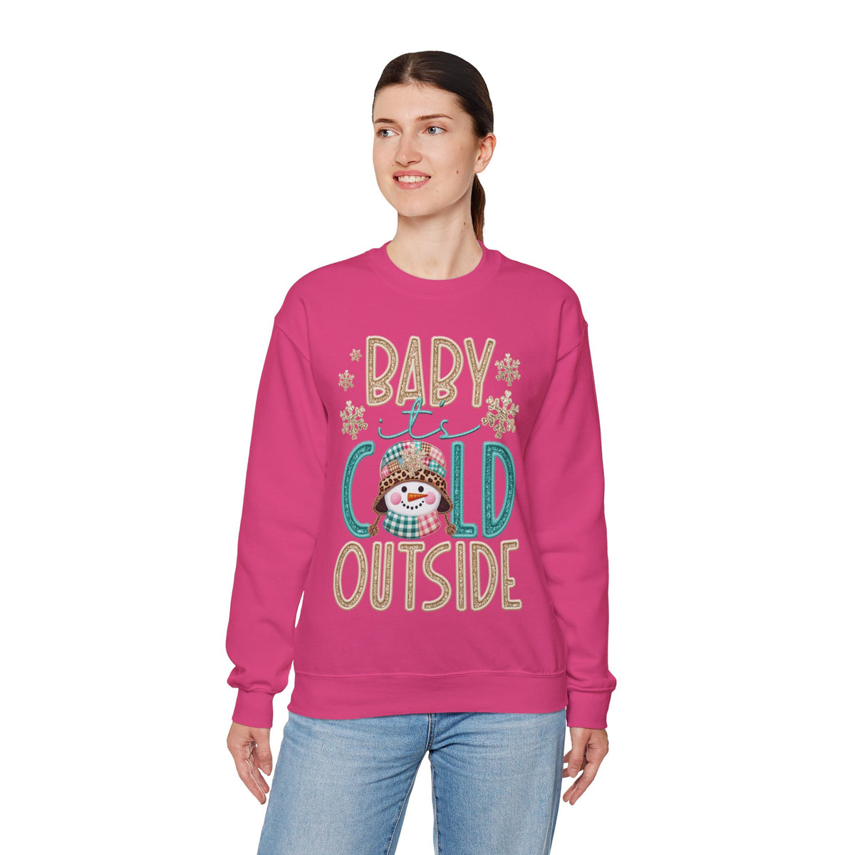 Baby It's Cold Outside Snowman – Gildan Heavy Blend | Trendy Women’s Soft Sweatshirt. Direct to Garment. Printed & Shipped in the USA. Unisex Sizes.