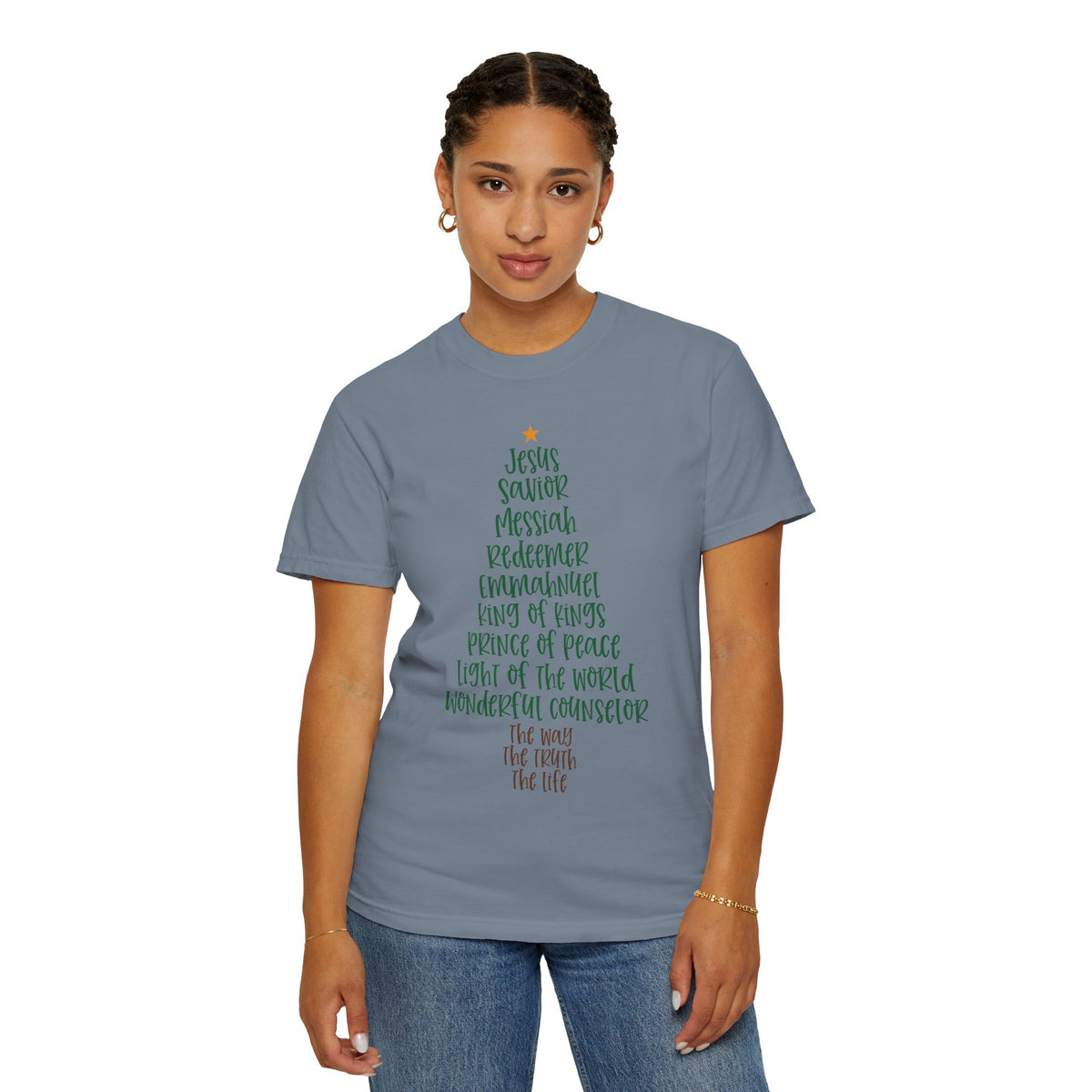 Jesus Name Christmas Tree - Comfort Colors | Trendy Women's T-Shirt. Direct to Garment. Printed & Shipped in the USA. Unisex Sizes.