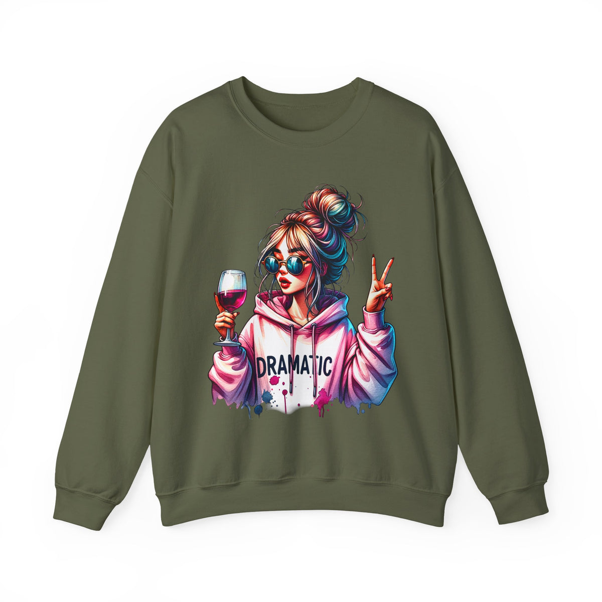 Dramatic Girl With Wine Messy Bun Peace Sign – Gildan Heavy Blend | Trendy Women’s Soft Sweatshirt. Direct to Garment. Printed & Shipped in the USA. Unisex Sizes.