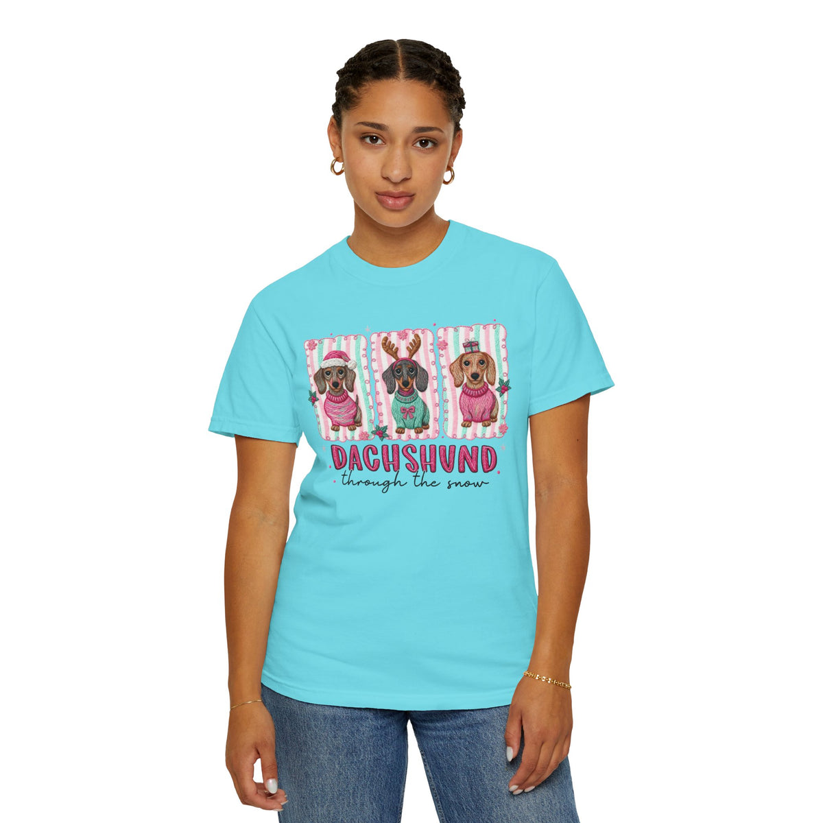 Dachshund Through the Snow - Comfort Colors | Trendy Women's T-Shirt. Direct to Garment. Printed & Shipped in the USA. Unisex Sizes.
