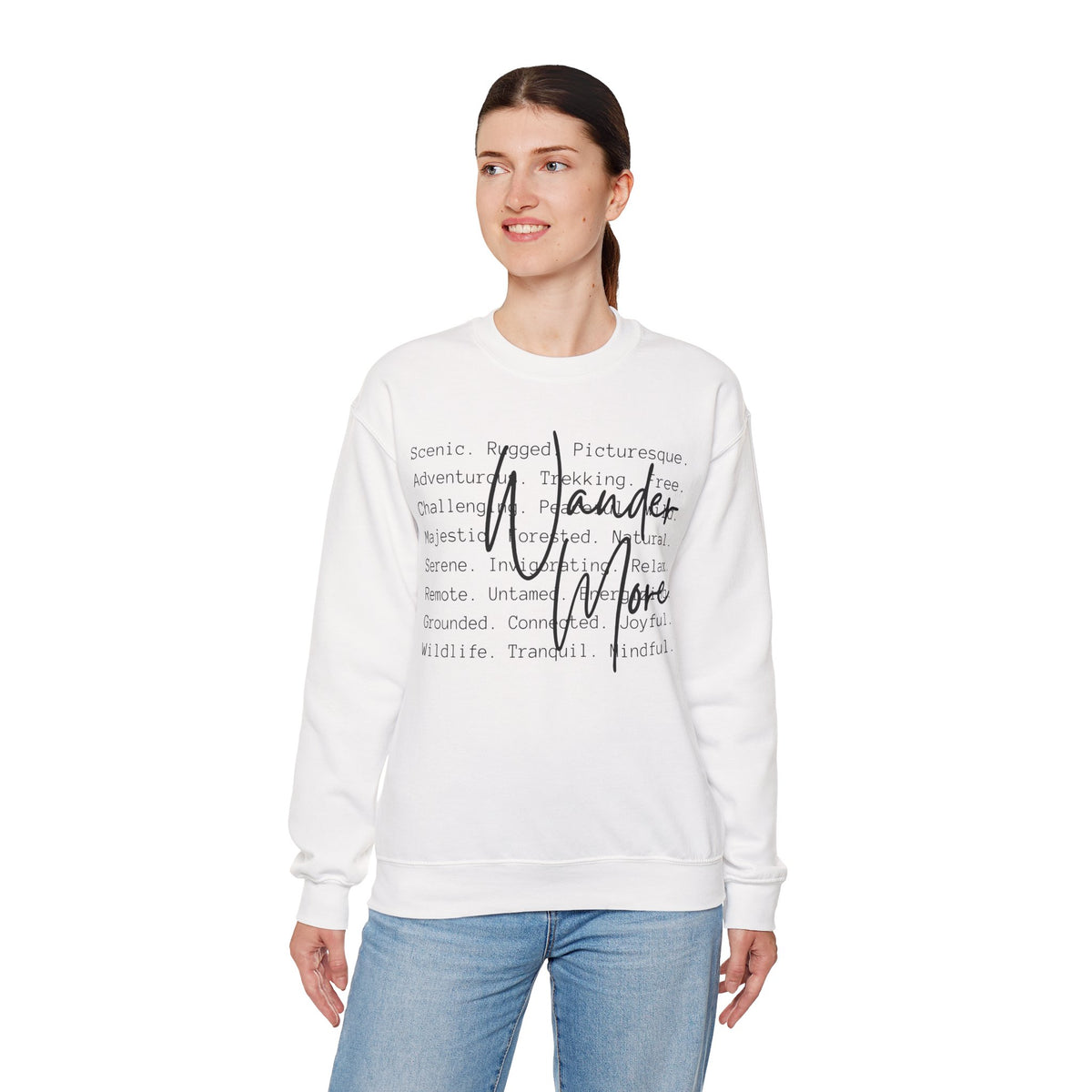 Wander More, Scenic Adventure Typography – Gildan Heavy Blend | Trendy Men's and Women’s Soft Sweatshirt. Direct to Garment. Printed & Shipped in the USA. Unisex Sizes.