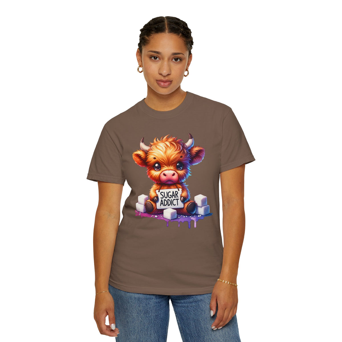 Sugar Addict Highland Cow - Comfort Colors | Trendy Women's T-Shirt. Direct to Garment. Printed & Shipped in the USA. Unisex Sizes.