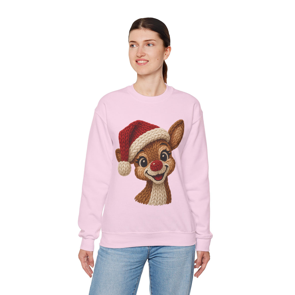 Cute Rudolph Faux Knit Look Reindeer w/Santa Hat – Gildan Heavy Blend | Trendy Women’s Soft Sweatshirt. Direct to Garment. Printed & Shipped in the USA. Unisex Sizes.