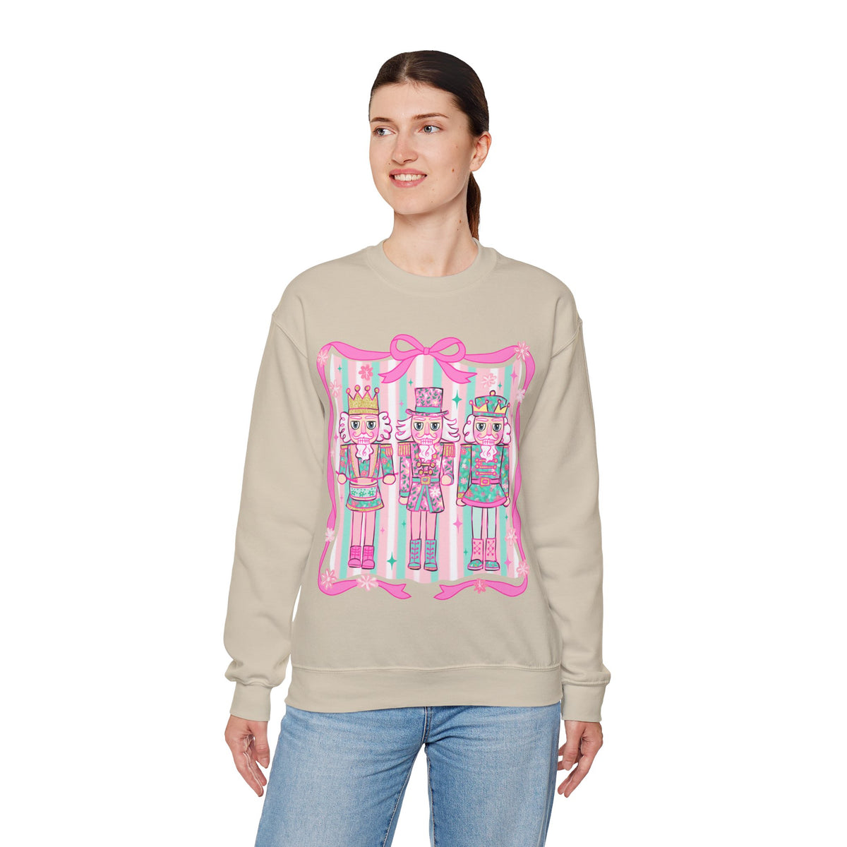 Coquette Pastel Christmas Nutcracker Trio Pink and Green – Gildan Heavy Blend | Trendy Women’s Soft Sweatshirt. Direct to Garment. Printed & Shipped in the USA. Unisex Sizes.