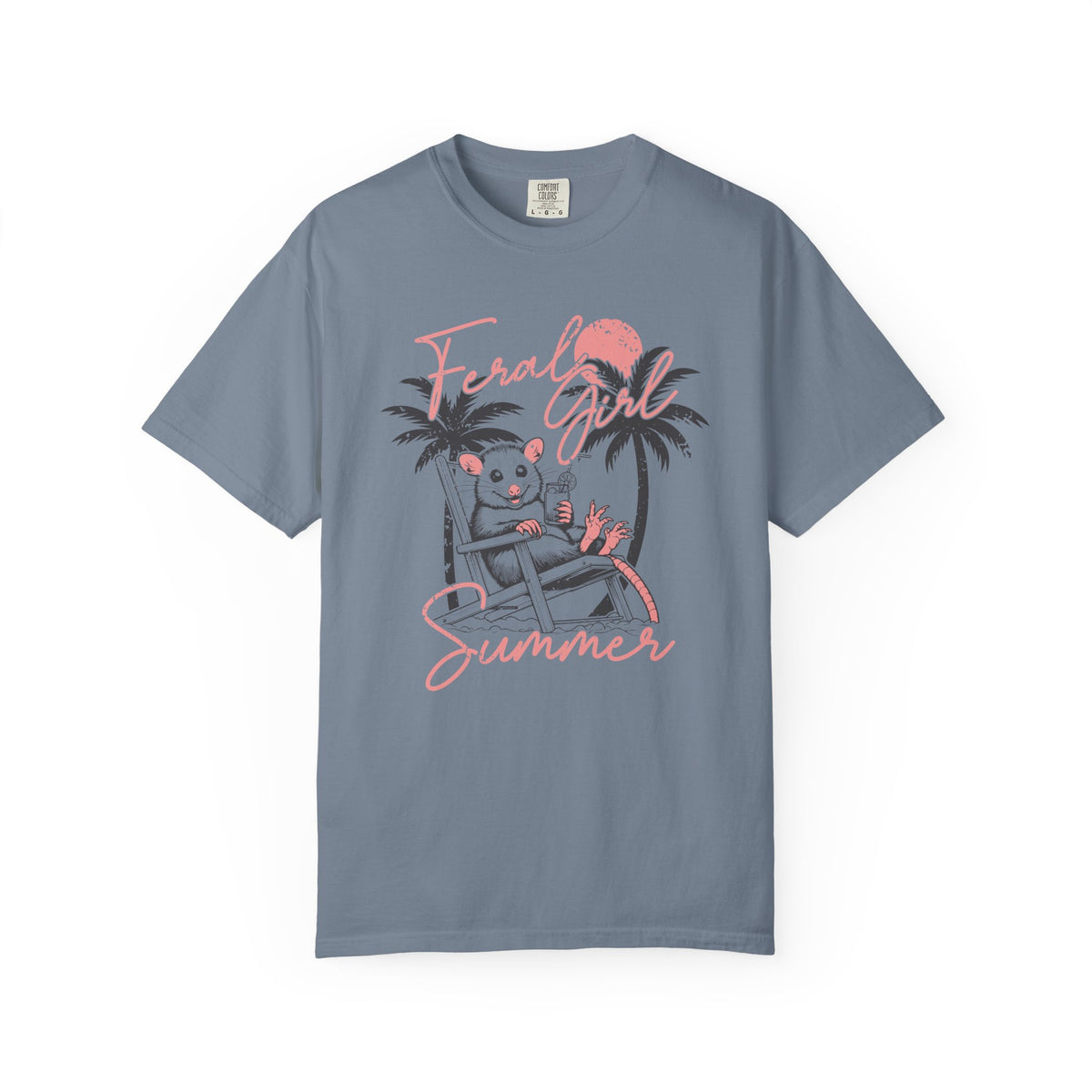 Feral Girl Summer, Possum on a Beach - Comfort Colors | Trendy Women's T-Shirt. Direct to Garment. Printed & Shipped in the USA. Unisex Sizes.