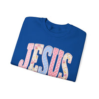 JESUS Pastel Faux Patchwork – Gildan Heavy Blend | Trendy Women’s Soft Sweatshirt. Direct to Garment. Printed & Shipped in the USA. Unisex Sizes.