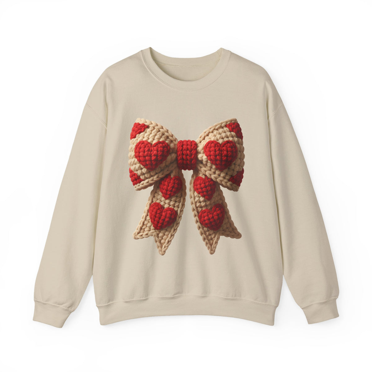 Faux Crochet Valentine Bow – Gildan Heavy Blend | Trendy Women’s Soft Sweatshirt. Direct to Garment. Printed & Shipped in the USA. Unisex Sizes.