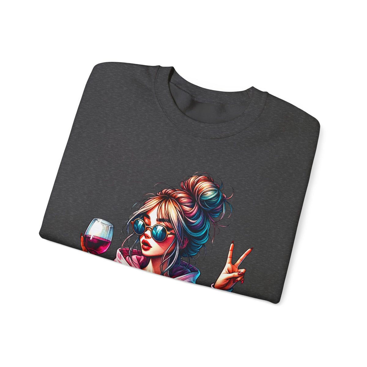 Dramatic Girl With Wine Messy Bun Peace Sign – Gildan Heavy Blend | Trendy Women’s Soft Sweatshirt. Direct to Garment. Printed & Shipped in the USA. Unisex Sizes.