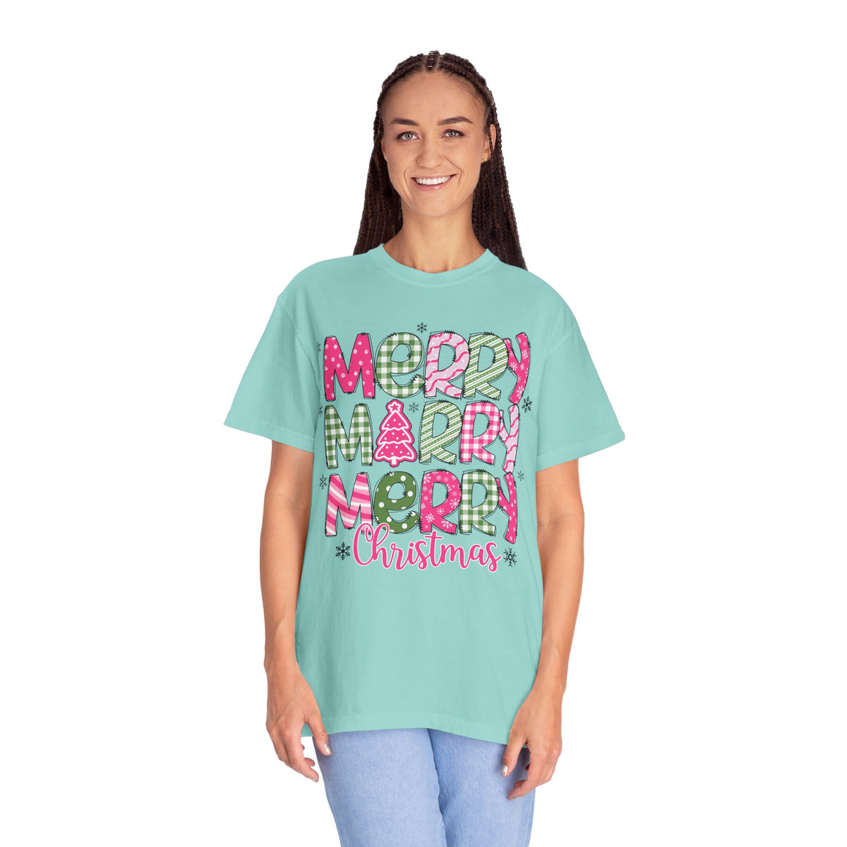 Merry Merry Merry Christmas, Festive Candy Cane & Pink and Green Plaid - Comfort Colors | Trendy Women's T-Shirt. Direct to Garment. Printed & Shipped in the USA. Unisex Sizes.