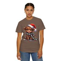 Cute Highland Cow Santa Hat Scarf Christmas Lights - Comfort Colors | Trendy Unisex T-Shirt. Direct to Garment. Printed & Shipped in the USA. Unisex Sizes.