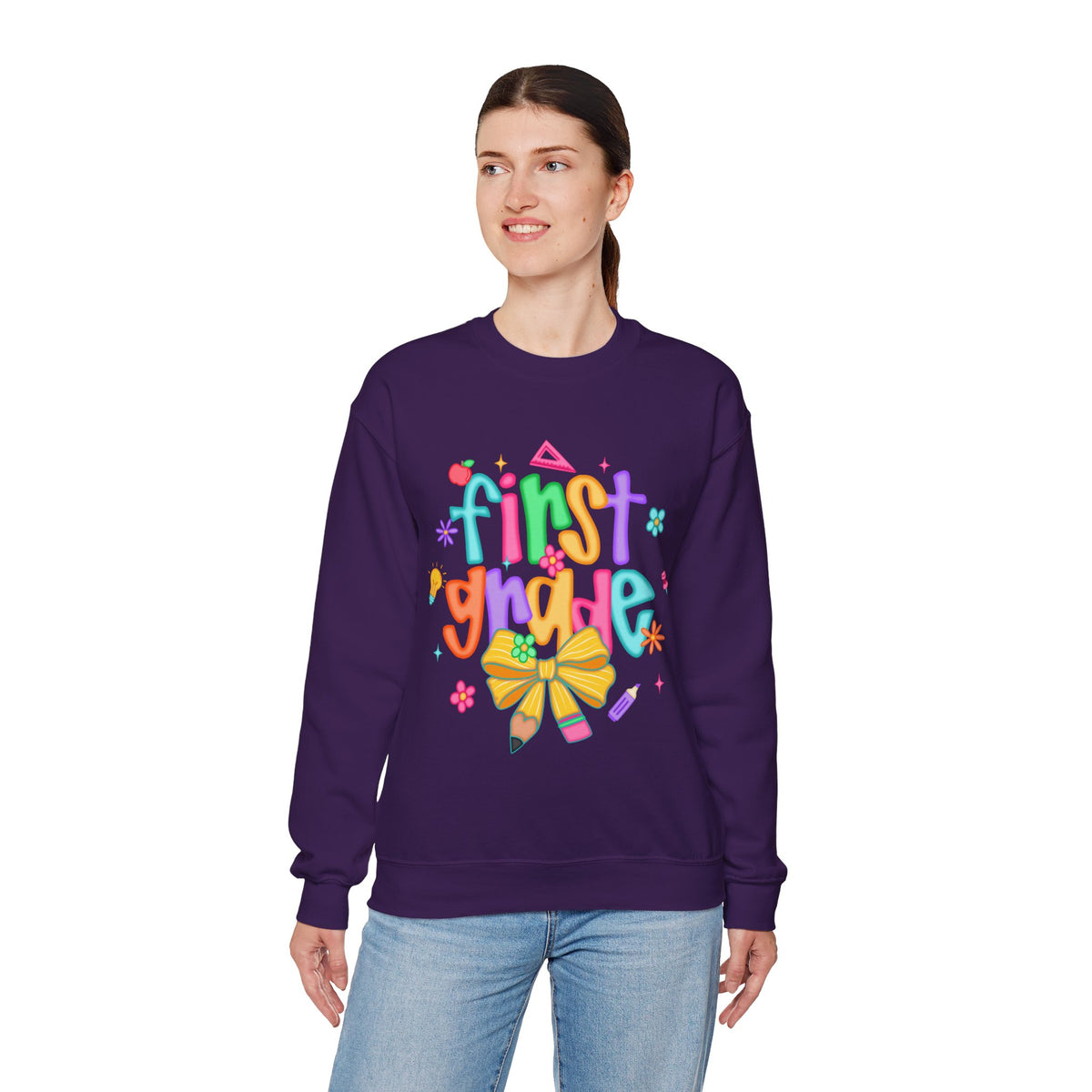 Coquette First Grade Pencil Bow – Gildan Heavy Blend | Trendy Women’s Soft Sweatshirt. Direct to Garment. Printed & Shipped in the USA. Unisex Sizes.
