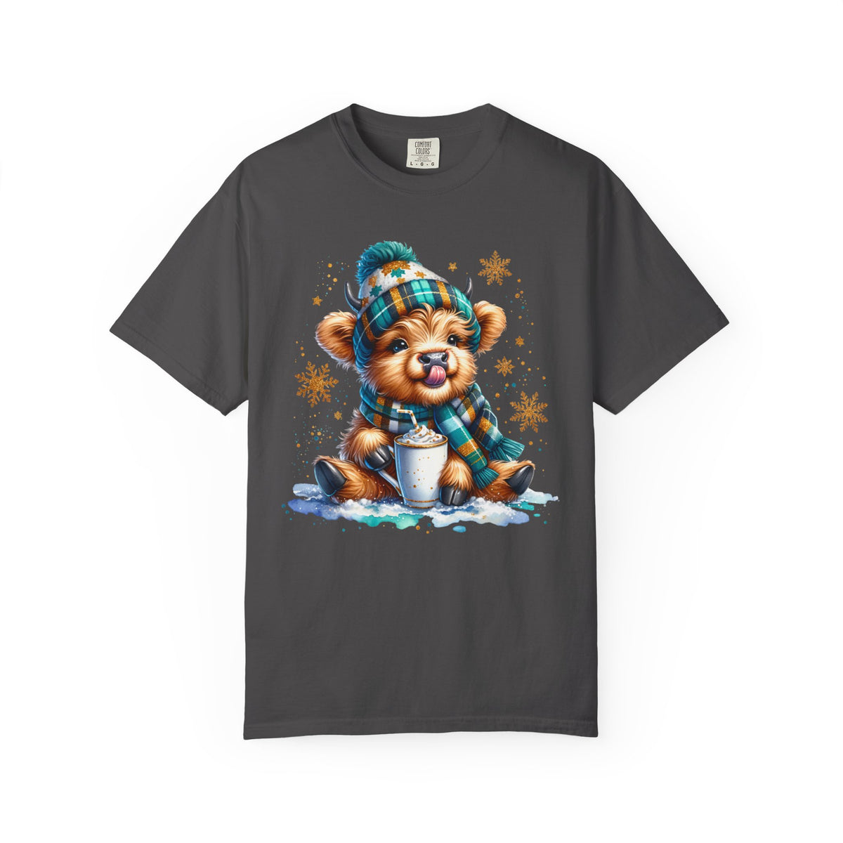 Winter Baby Highland Cow with Cocoa  - Comfort Colors | Trendy Women's T-Shirt. Direct to Garment. Printed & Shipped in the USA. Unisex Sizes.