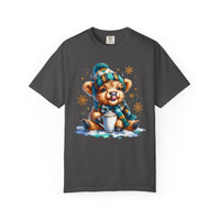 Winter Baby Highland Cow with Cocoa  - Comfort Colors | Trendy Women's T-Shirt. Direct to Garment. Printed & Shipped in the USA. Unisex Sizes.