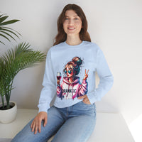 Dramatic Girl With Wine Messy Bun Peace Sign – Gildan Heavy Blend | Trendy Women’s Soft Sweatshirt. Direct to Garment. Printed & Shipped in the USA. Unisex Sizes.