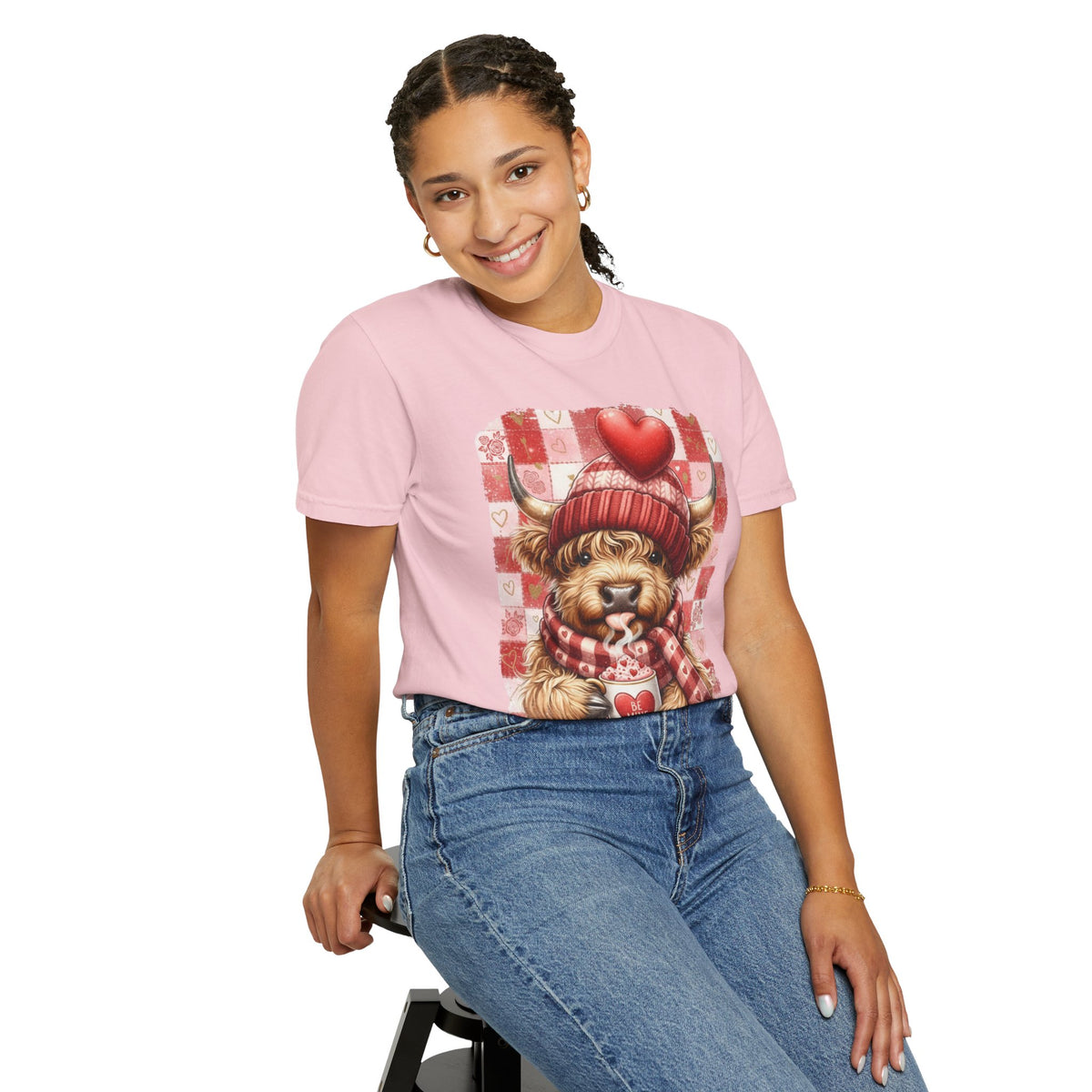 Highland Cow Be Mine, Red Checkered - Comfort Colors | Trendy Women's T-Shirt. Direct to Garment. Printed & Shipped in the USA. Unisex Sizes.