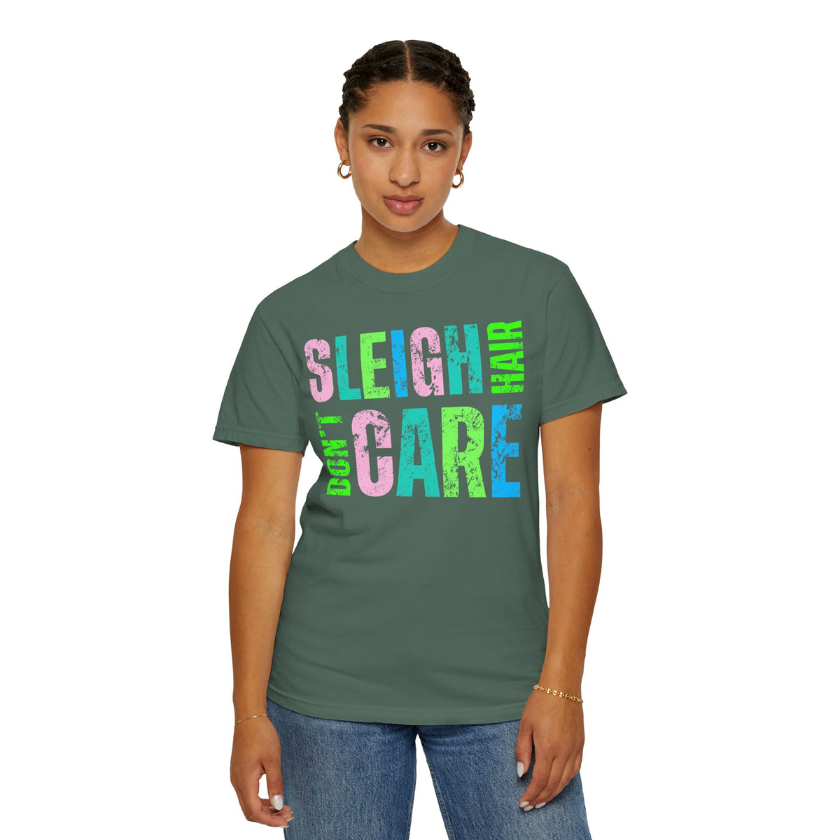 Sleigh Hair Don't Care, Funny Christmas Graphic Tee - Comfort Colors | Trendy Women's T-Shirt. Direct to Garment. Printed & Shipped in the USA. Unisex Sizes.