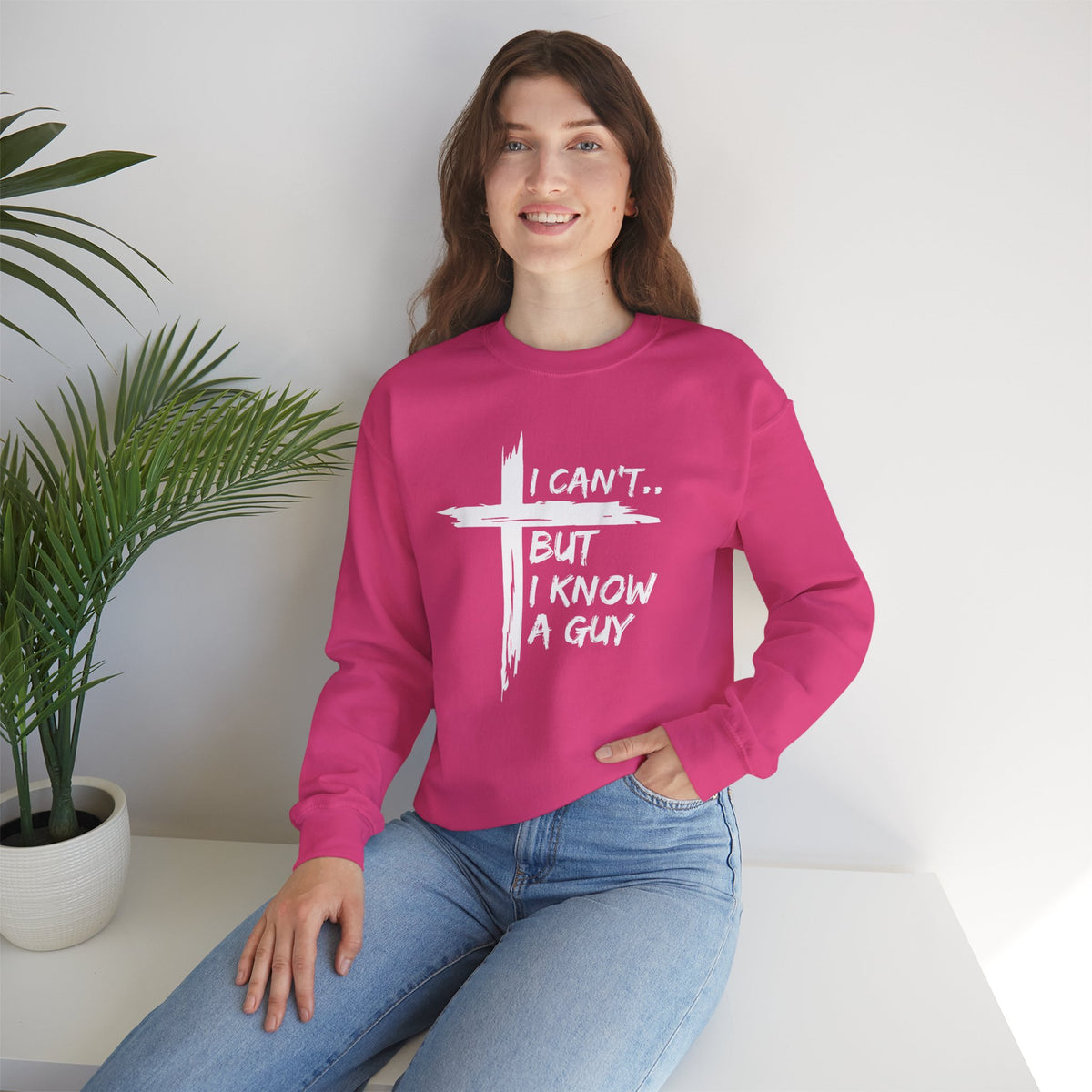 I Can't But I Know A Guy, Faith Cross Christian Jesus – Gildan Heavy Blend | Trendy Women’s and Men's Soft Sweatshirt. Direct to Garment. Printed & Shipped in the USA. Unisex Sizes.