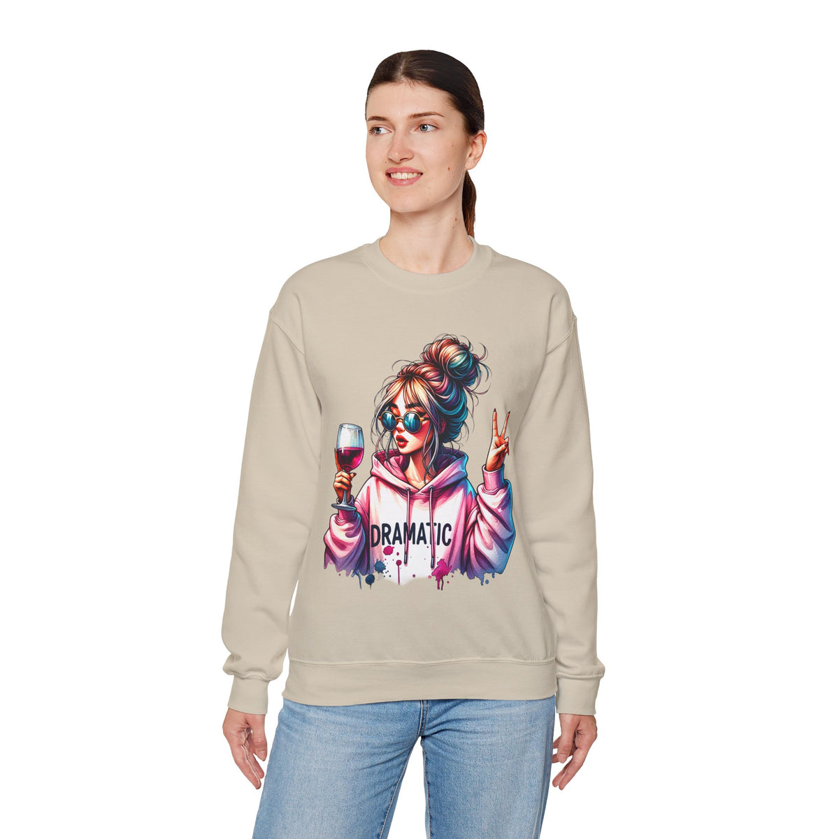 Dramatic Girl With Wine Messy Bun Peace Sign – Gildan Heavy Blend | Trendy Women’s Soft Sweatshirt. Direct to Garment. Printed & Shipped in the USA. Unisex Sizes.