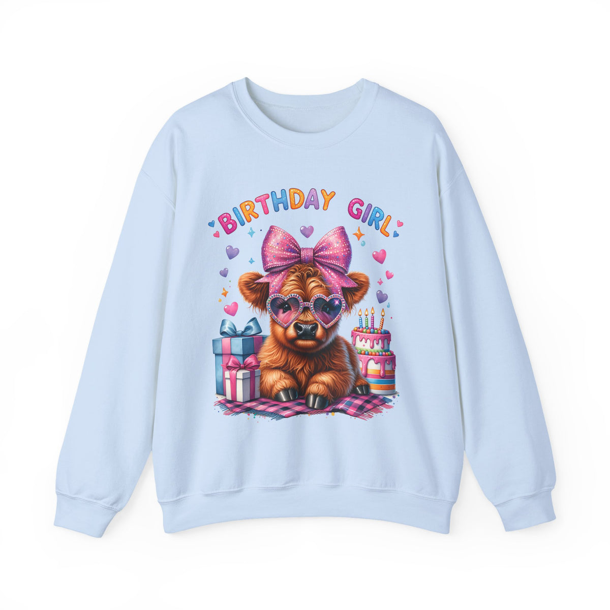 Birthday Girl, Highland Cow – Gildan Heavy Blend | Trendy Women’s Soft Sweatshirt. Direct to Garment. Printed & Shipped in the USA. Unisex Sizes.