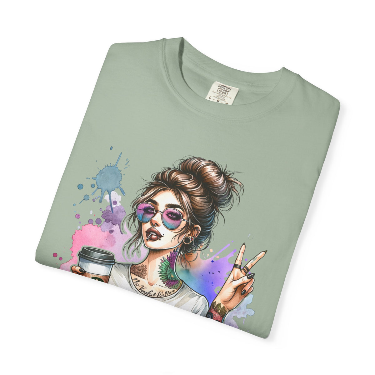 Cool Mombie with Coffee Peace Tattoo - Comfort Colors | Trendy Women's T-Shirt. Direct to Garment. Printed & Shipped in the USA. Unisex Sizes.