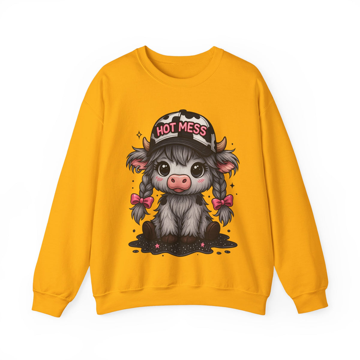 Cute Highland Cow 'Hot Mess' In Braids – Gildan Heavy Blend | Trendy Women’s Soft Sweatshirt. Direct to Garment. Printed & Shipped in the USA. Unisex Sizes.