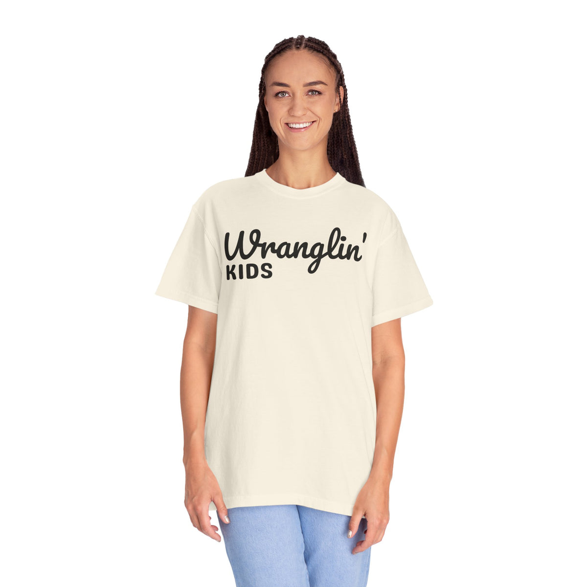 Wranglin' Kids Funny Mom Dad   - Comfort Colors | Trendy Women's and Men's T-Shirt. Direct to Garment. Printed & Shipped in the USA. Unisex Sizes.