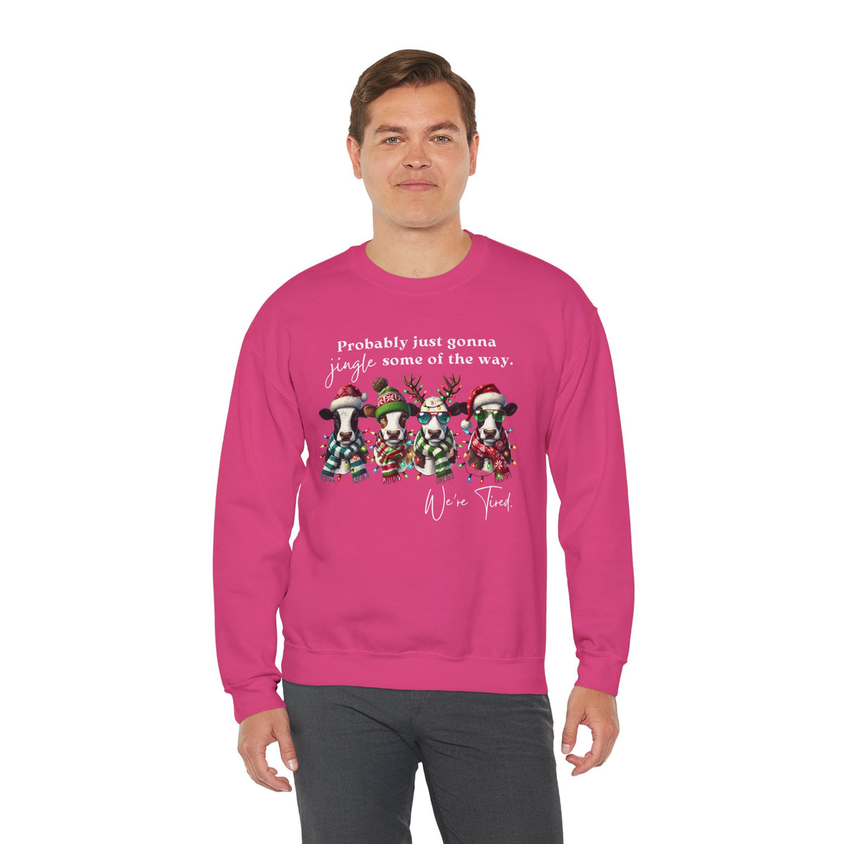 Christmas Cows - Probably Just Gonna Jingle Some Of The Way – Gildan Heavy Blend | Trendy Women’s and Men's Soft Sweatshirt. Direct to Garment. Printed & Shipped in the USA. Unisex Sizes.