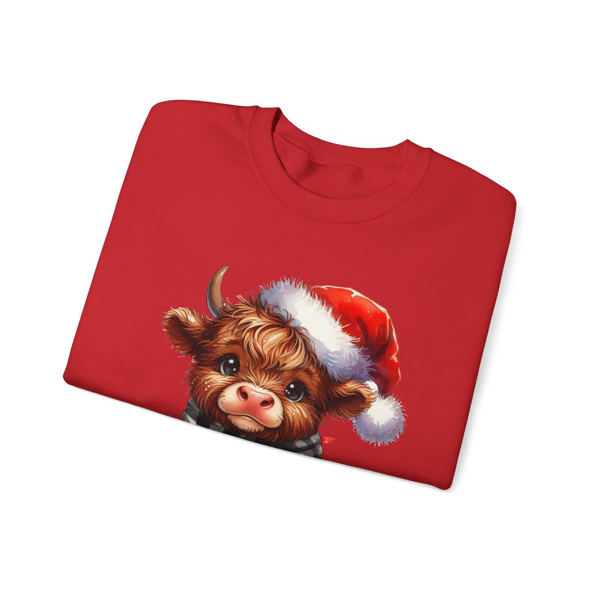 Cute Highland Cow Santa Hat Scarf Christmas Lights – Gildan Heavy Blend | Trendy Women’s Soft Sweatshirt. Direct to Garment. Printed & Shipped in the USA. Unisex Sizes.