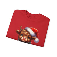 Cute Highland Cow Santa Hat Scarf Christmas Lights – Gildan Heavy Blend | Trendy Women’s Soft Sweatshirt. Direct to Garment. Printed & Shipped in the USA. Unisex Sizes.