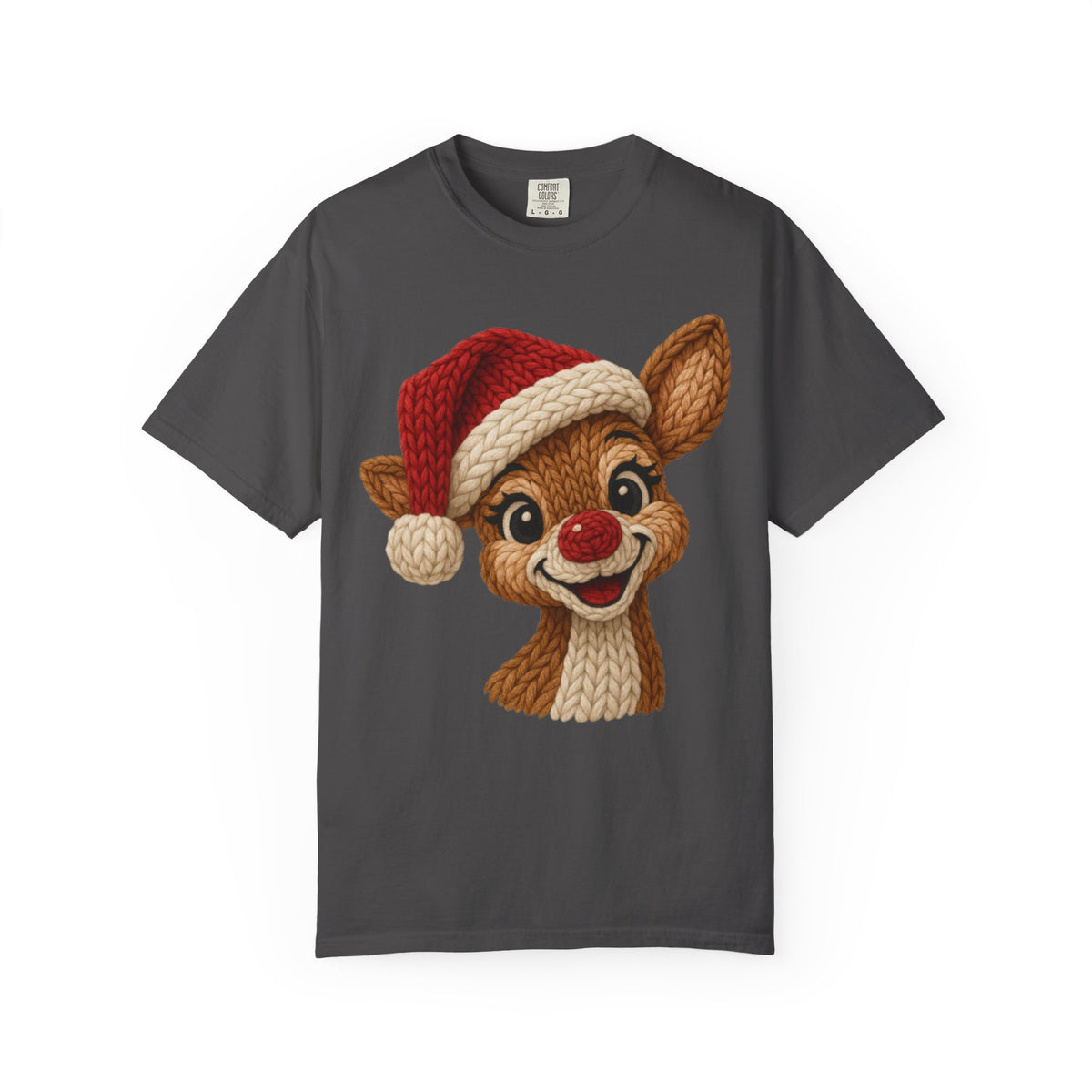 Cute Rudolph Faux Knit Look Reindeer w/Santa Hat - Comfort Colors | Trendy Women's T-Shirt. Direct to Garment. Printed & Shipped in the USA. Unisex Sizes.