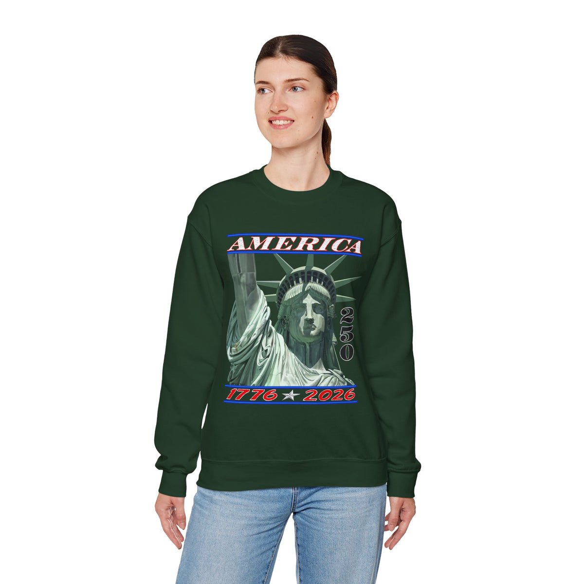 America's 250th Birthday, Statue of Liberty – Gildan Heavy Blend | Trendy Men's and Women’s Soft Sweatshirt. Direct to Garment. Printed & Shipped in the USA. Unisex Sizes.